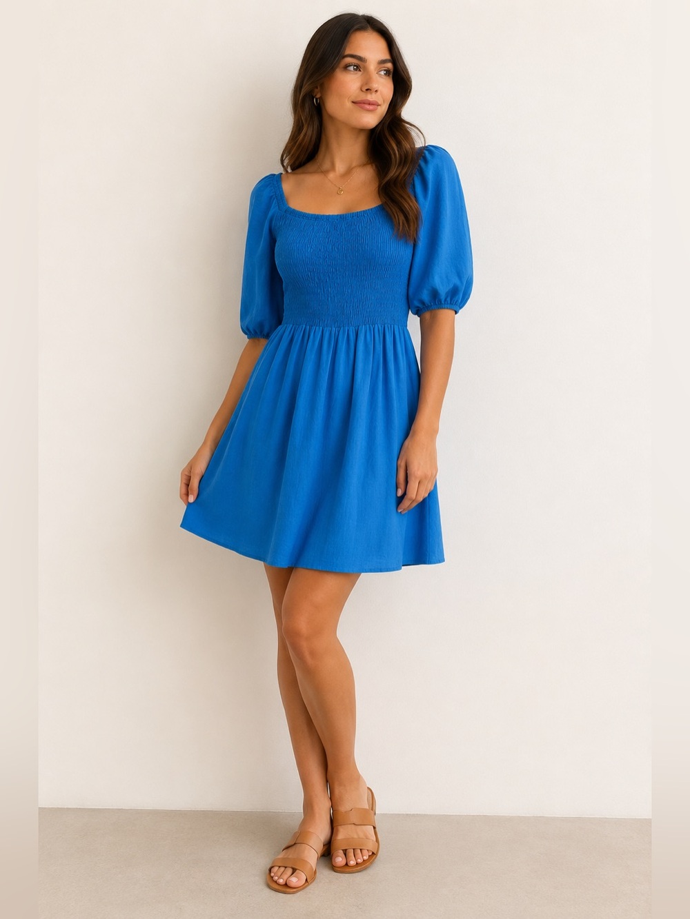 Bar III Royal Blue Square Neck Puff Sleeve Mini Dress